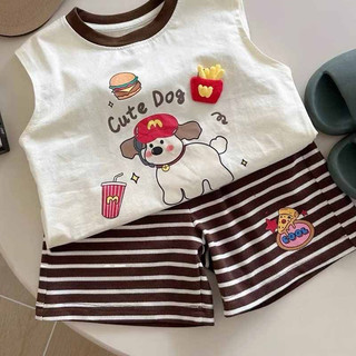 Set áo sát nách in hoạt hình + quần kẻ sọc phong cách mới cho bé