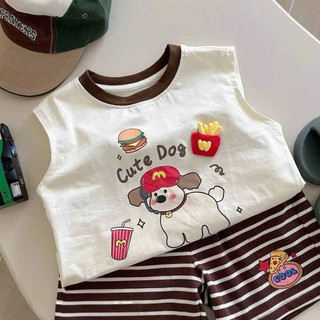 Set áo sát nách in hoạt hình + quần kẻ sọc phong cách mới cho bé