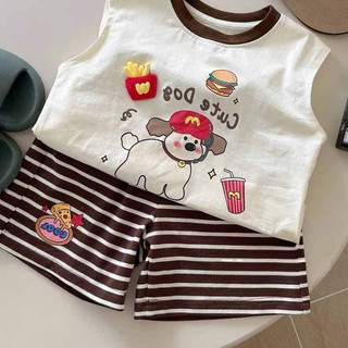 Set áo sát nách in hoạt hình + quần kẻ sọc phong cách mới cho bé