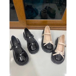 Giày Lolita  đế răng cưa cao 5 phân chất da bóng nơ gắn ngọc ( phom rộng mua giảm 1 sz)