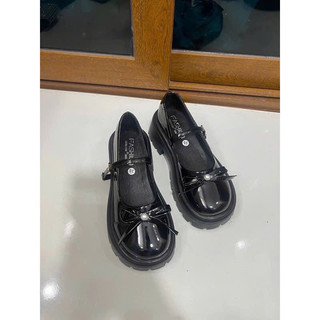 Giày Lolita  đế răng cưa cao 5 phân chất da bóng nơ gắn ngọc ( phom rộng mua giảm 1 sz)