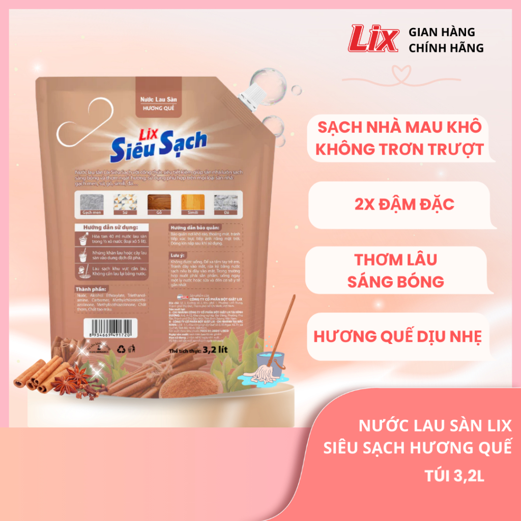 Ảnh Combo 2 Túi Nước Lau Sàn Hương Quế Lix 3.2L/Túi, nước lau sàn hương quế sạch thơm sáng bóng Lixco VN, 2C-15702+15201 1