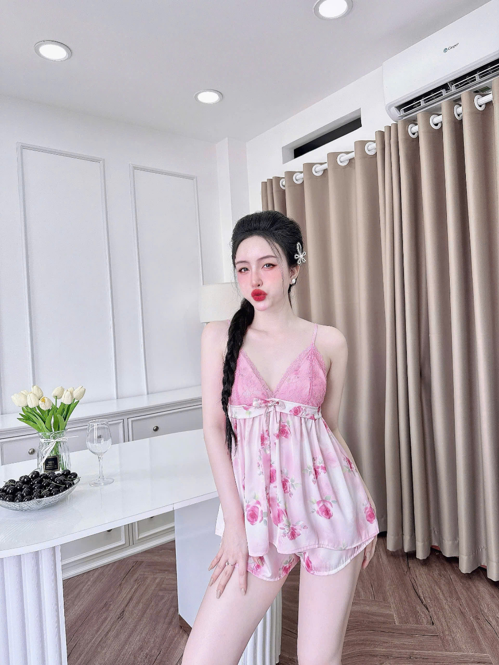 Ảnh Đồ Ngủ Sexy Nữ SOJUN Bộ Lụa 2 Dây Latin Ren Đô Ngực In Dưới 65Kg 2