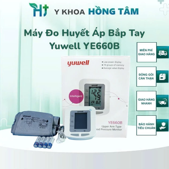 Máy Đo Huyết Áp YUWELL YE660B, Thiết Kế Màn Hình LCD, Tự Động Tắt Sau 2 Phút, BH 5 Năm