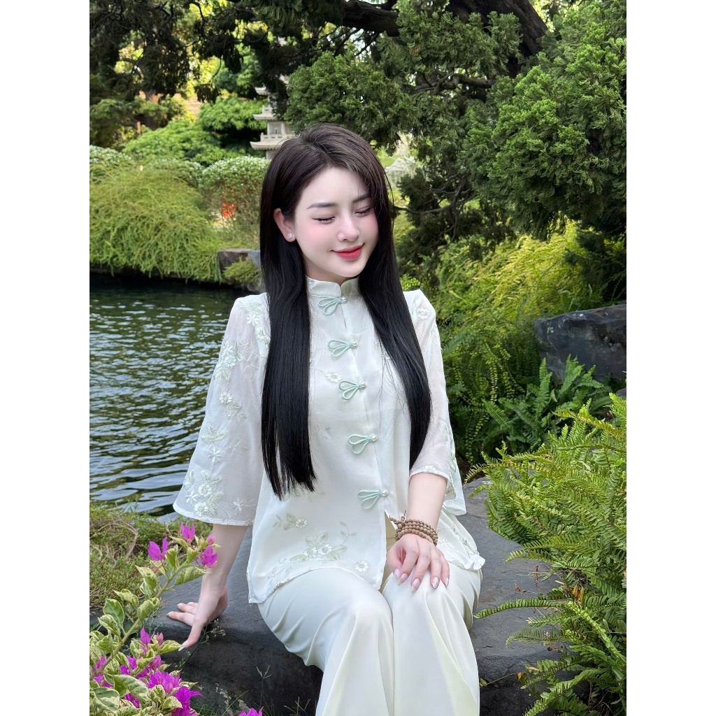 Pháp phục cổ tàu tiểu thư voan tơ hoa phối nơ Đồ bộ đi chùa cách tân tơ 2 lớp Đồ lam nữ tay lỡ voan mềm mát Thanh lịch