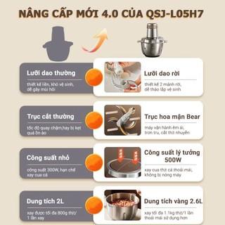 Máy xay thịt Bear QSJ-L05H7 công suất 500W vượt trội, cối xay INOX 2.6L dày dặn, xay rau củ quả, xay thịt cá đa năng