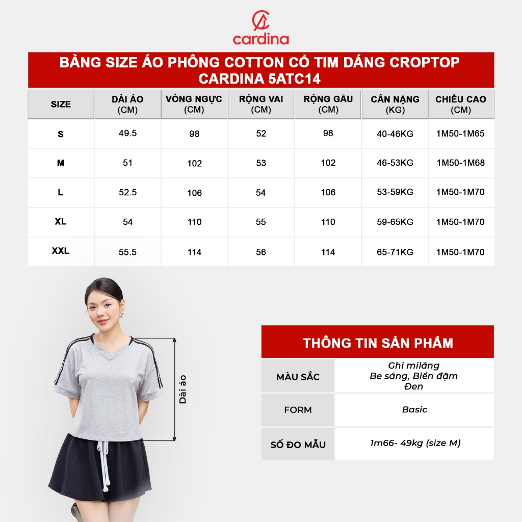 Ảnh Áo phông CARDINA chất liệu cotton kiểu cổ tim dáng croptop trẻ trung năng động 5ATC14 2