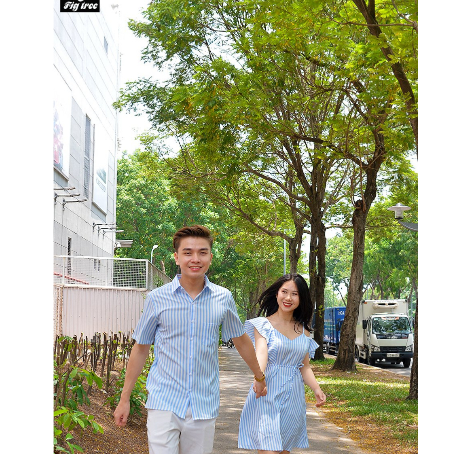 Set Sơ Mi Váy Đôi Fig Tree Sọc Trắng Xanh Model cho Couple, Thiết kế Mới Váy Lệch Vai Trendy, Mã 171