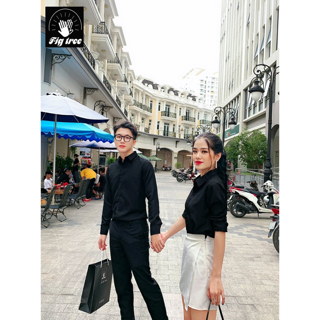 Set Áo Sơ Mi Đôi Fig Tree Màu Đen, Chất Cotton Trơn, Hàng Thiết kế Nhiều Size