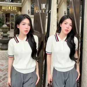 Áo len nữ cộc tay mùa hè cổ dức dáng polo len lông thỏ co giãn mềm PL15 thanh lịch DELIZ
