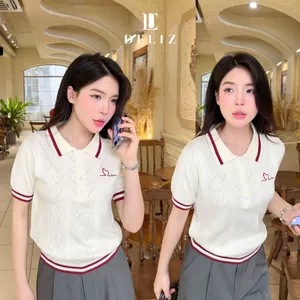 - Áo len nữ ngắn tay cổ bẻ polo trám bề mặt len lông thỏ phối cúc thêu hình PL16 250G