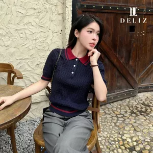 Áo len cổ đức ngắn tay xanh than phối đỏ len lông thỏ vặn thừng PL19 DELIZ