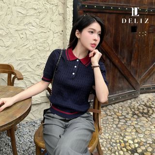 Áo len cổ đức ngắn tay xanh than phối đỏ len lông thỏ vặn thừng PL19 DELIZ