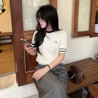 Áo len lông thỏ cộc tay mùa hè cổ tròn phối viền đỏ kẻ sọc hình thêu trái tim ALC07 thiết kế DELIZ