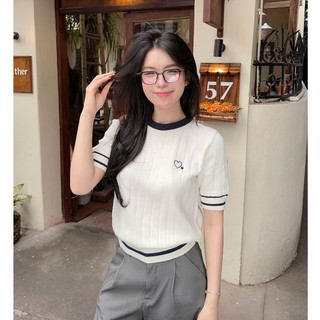 Áo len lông thỏ cộc tay mùa hè cổ tròn phối viền đỏ kẻ sọc hình thêu trái tim ALC07 thiết kế DELIZ
