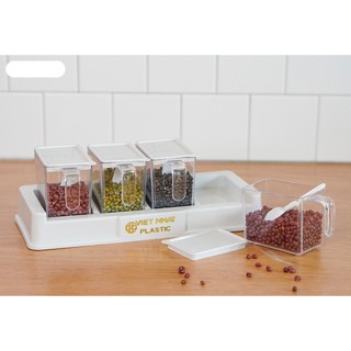 Bộ 4 hũ đựng gia vị cao cấp nhựa trắng trong, Hũ đựng gia vị nhựa cao cấp Nhựa Việt Nhật 2939