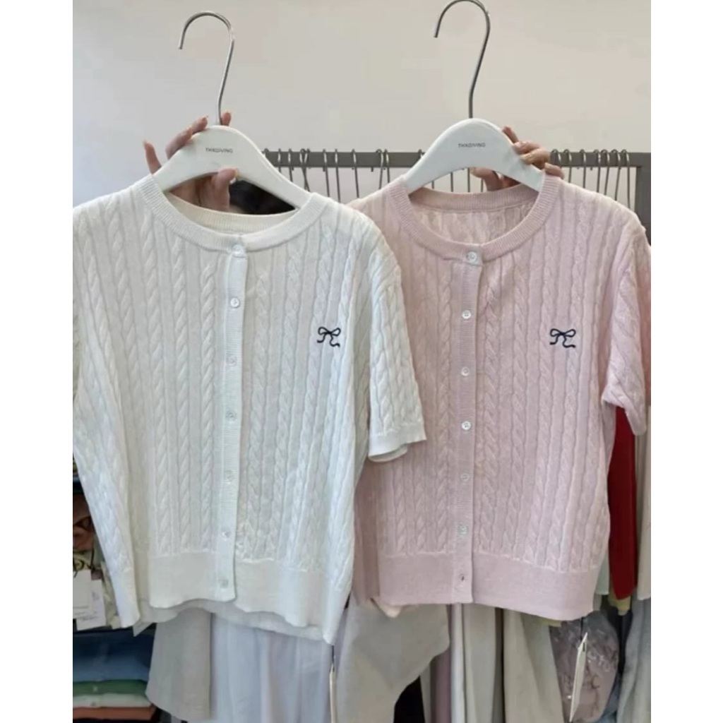 [ Bigsize 55-100kg] Áo cardigan nơ len hè vặn thừng cộc tay màu pastel ...