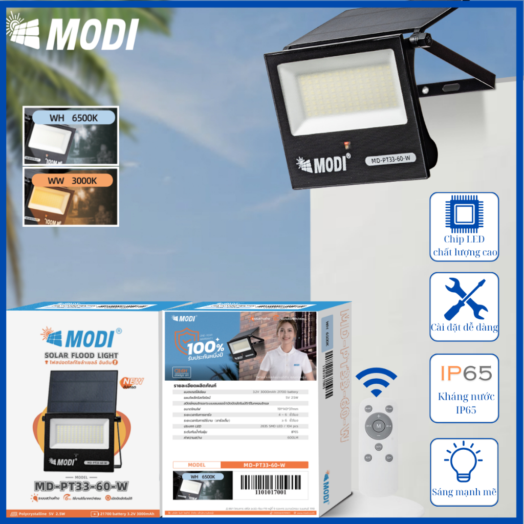 Ảnh Đèn Pha LED Cảm Biến Chuyển Động Năng Lượng Mặt Trời MODI SOLAR 60W Siêu Sáng, Ngoài Trời 1