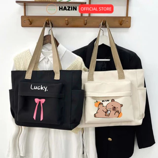 Túi tote túi vải canvas 2 lớp có ngăn phụ, khoá kéo miệng túi đeo vai đi học đi chơi thời trang đựng vừa khổ A4