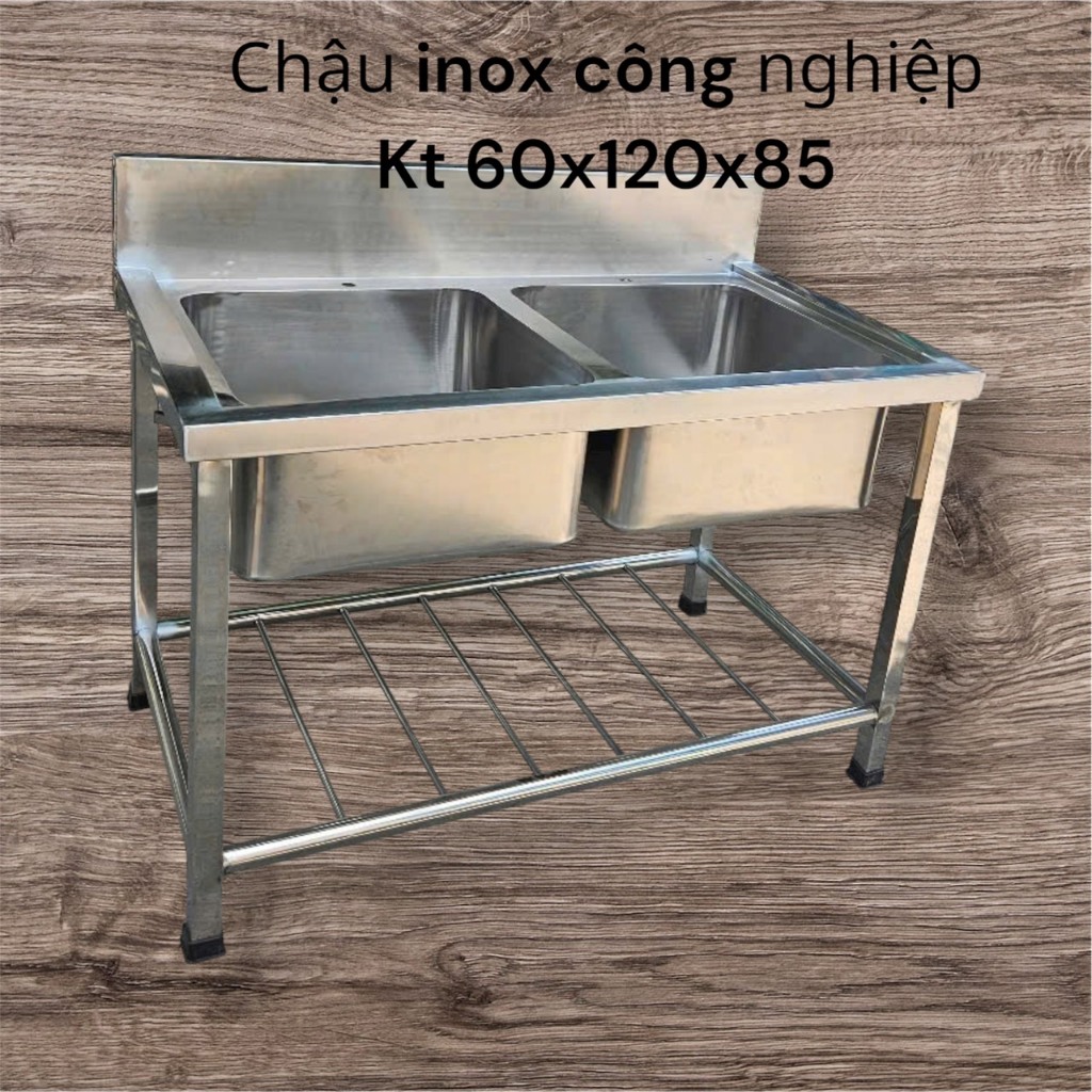 Chậu rửa chén bát công nghiệp inox 304 chậu đôi 2 hộc dùng cho gia đình, phòng trọ, quán ăn