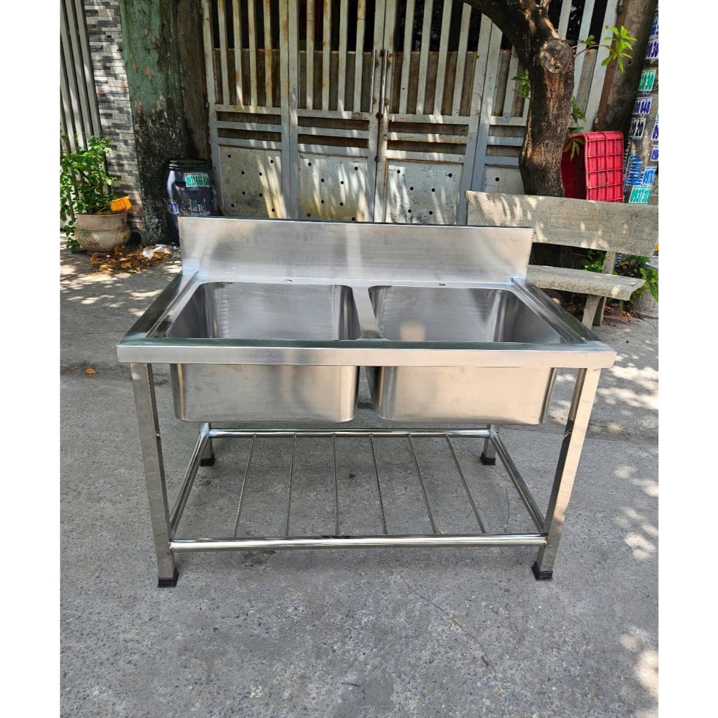 Chậu rửa chén bát công nghiệp inox 304 chậu đôi 2 hộc dùng cho gia đình, phòng trọ, quán ăn