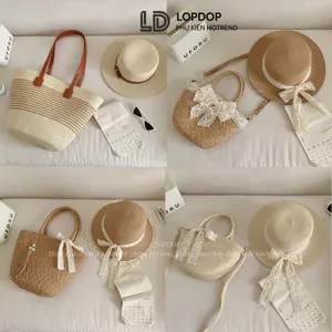 Combo Túi Mũ Cói Quai Da Sành Điệu, Mũ Đai Da Sang Trọng Kiểu Dáng Vintage Màu Nâu Be T16M01 LOPDOP