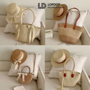 Combo Mũ Túi Cói Du Lịch, Mũ Viền Ren Thắt Nơ Vintage Thích Hợp Đi Biển Đi Du Lịch T17M17 LOPDOP