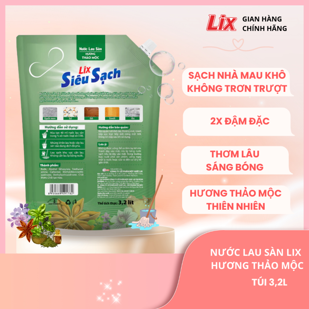 Ảnh Combo 2 nước lau sàn siêu sạch hương thảo mộc 3,2L/ túi, nhà sáng bóng, thơm lâu Lixco Việt Nam, 2C-15202+15601 3
