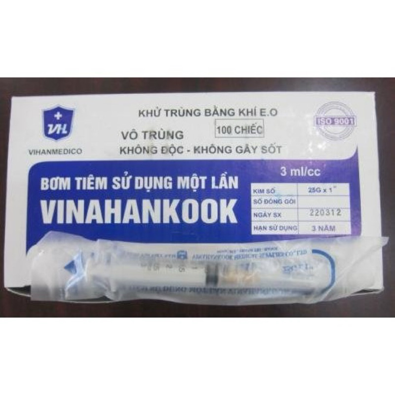 Hộp 100 cái  Bơm kim tiêm Vinahankook 3ml, bơm tiêm 3cc kim 23G và 25G