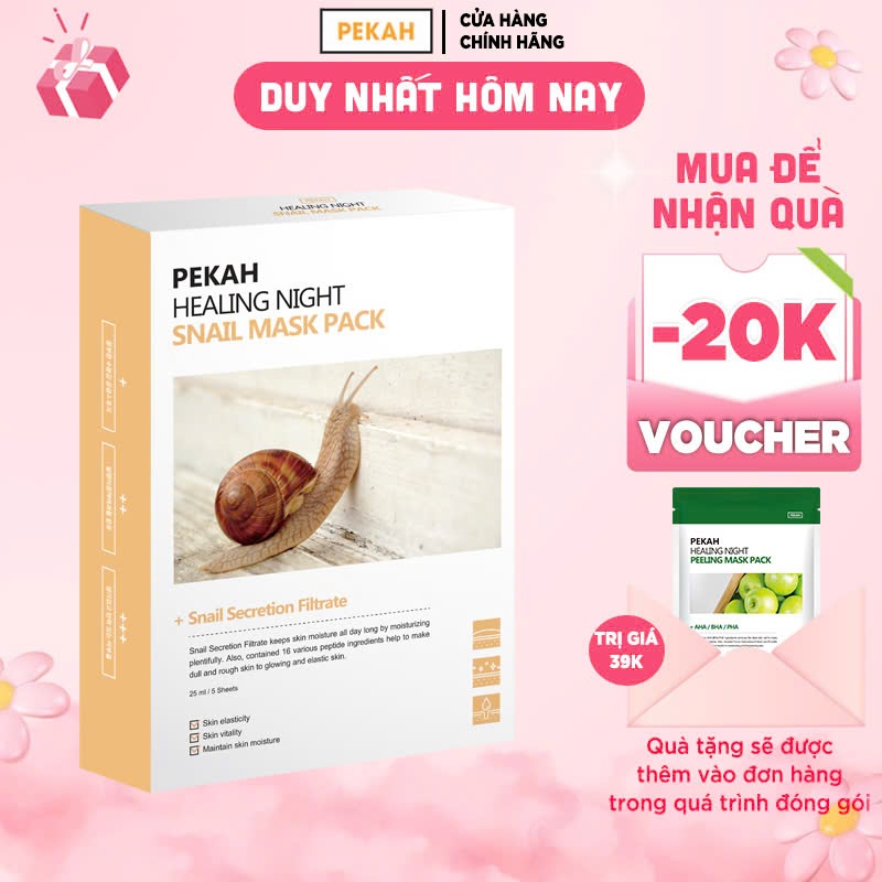 Ảnh Hộp Mặt Nạ 5 Miếng Cấp Ẩm Giúp Phục Hồi Và Tái Tạo Da PEKAH Healing Night Snail Mask Pack 25ml/5sheets 1