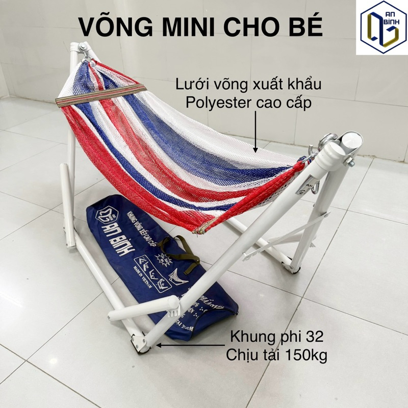 Bộ Võng Xếp Mini Cho Bé, Lưới Võng Xuất Khẩu Hàn Quốc Cỡ Rộng, Khung Phi 32 Sơn Tĩnh Điện Chịu Tải 150Kg