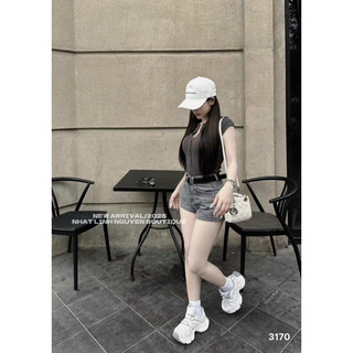 QCL1 3170 Quần sooc jeans cạp cao kèm belt siu tôn dáng xịn sò