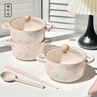 Nồi sứ kèm thìa đũa hoạ tiế nơ hồng xinh xỉu