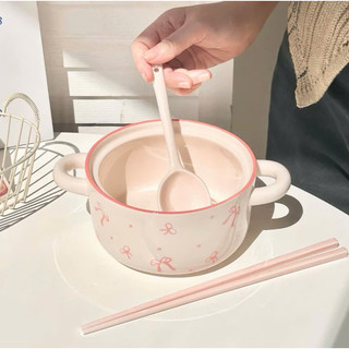 Nồi sứ kèm thìa đũa hoạ tiế nơ hồng xinh xỉu