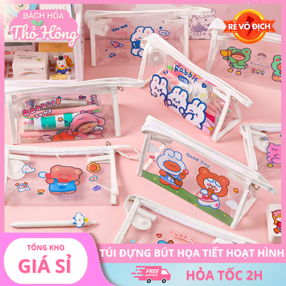 Túi Đựng Bút Trong Suốt Họa Tiết Hoạt Hình Đáng Yêu Đa Dụng 20.5*11.5*9cm