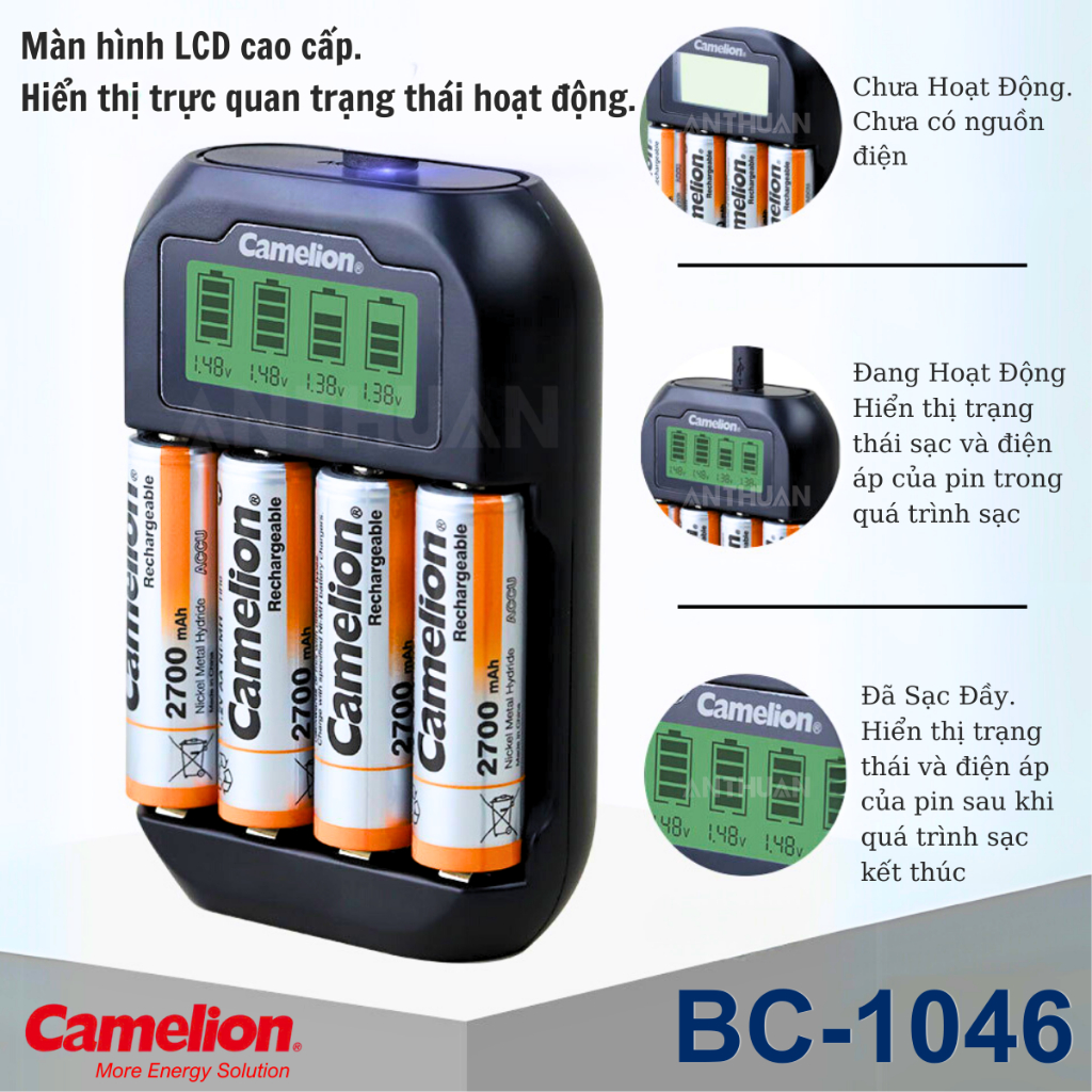 Bộ sạc pin Camelion BC-1046 sạc nhanh tự ngắt và Pin sạc AA 2700mAh AAA 1100mAh Cao Cấp - Chính Hãng