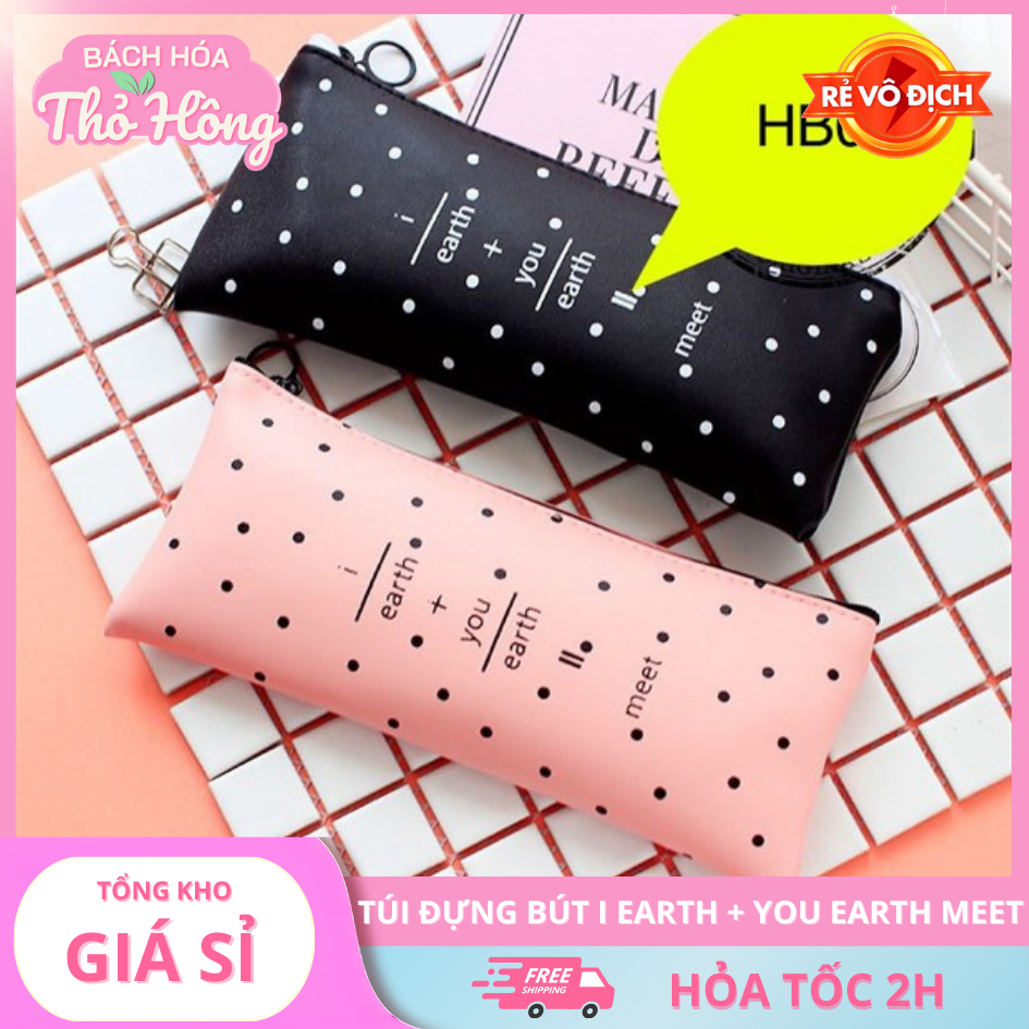 (Thaosi8420) Hộp đựng bút, túi đựng bút da khóa kéo I earth + You earth = Meet KT21*9cm