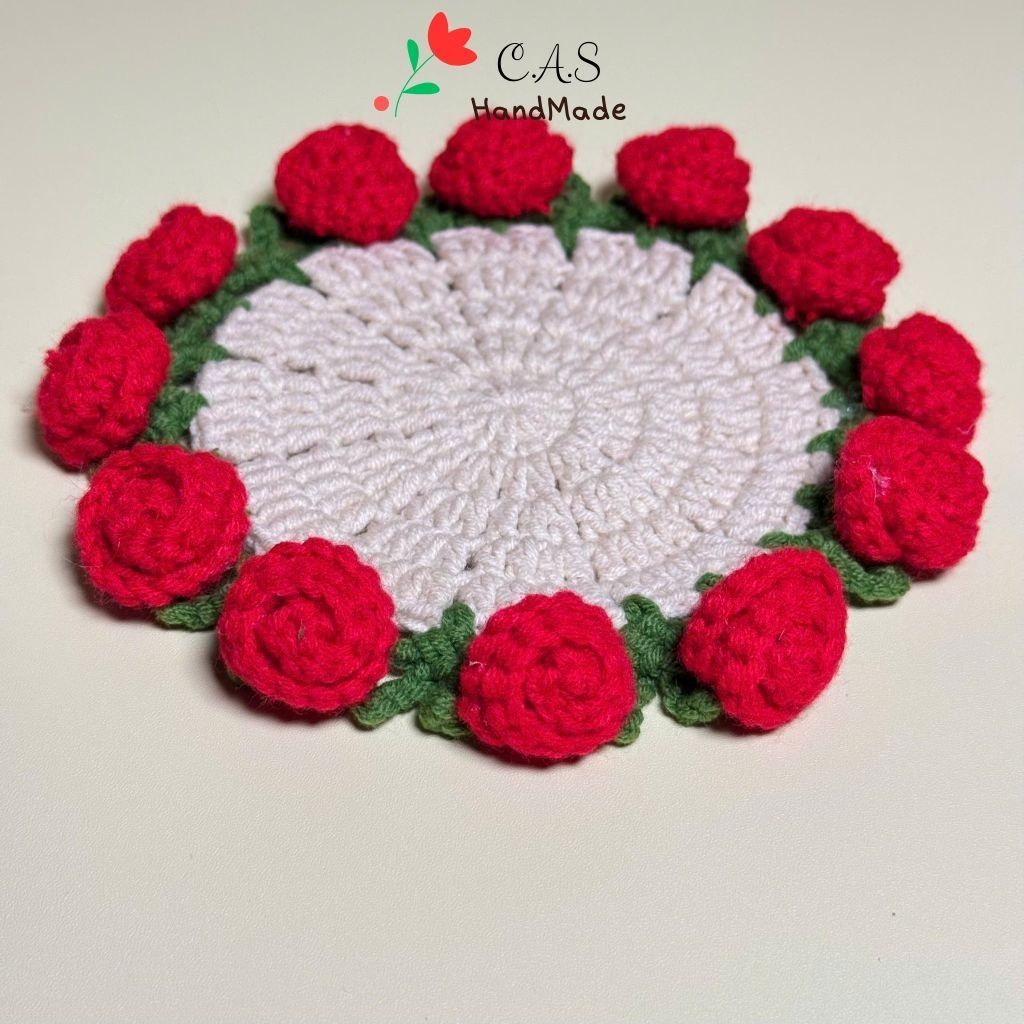 [Có sẵn] Lót ly bó hoa hồng, tulip handmade len cotton milk trang trí bàn siêu thấm dễ thương