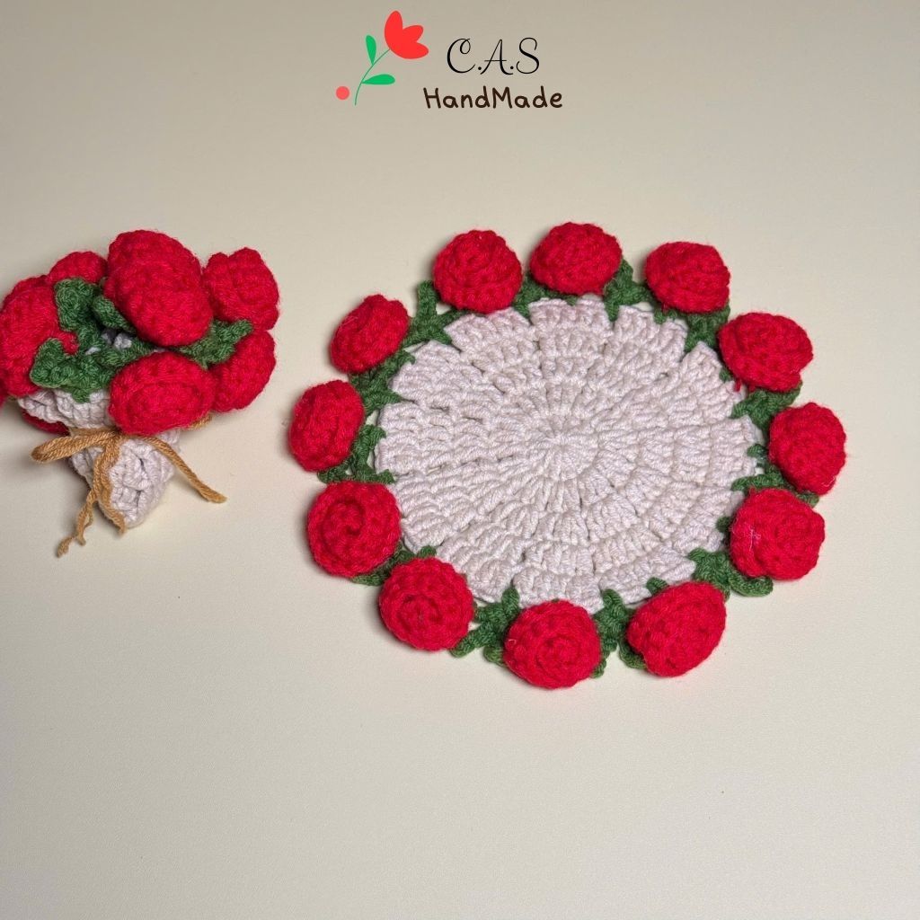 [Có sẵn] Lót ly bó hoa hồng, tulip handmade len cotton milk trang trí bàn siêu thấm dễ thương