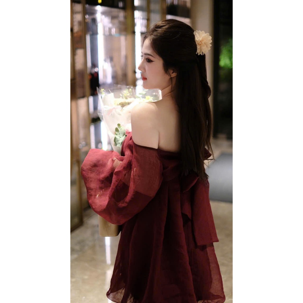 Áo trễ vai nữ Chililuu áo voan tơ form rộng bo chun phong cách tiểu thư