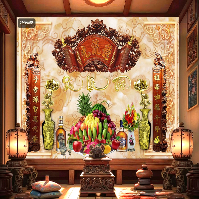 Tranh Tường 3D Bàn Thờ Cửu Huyền Thất Tổ, Hoành Phi Câu Đối Mẫu Đẹp In Vải Lụa Cao Cấp