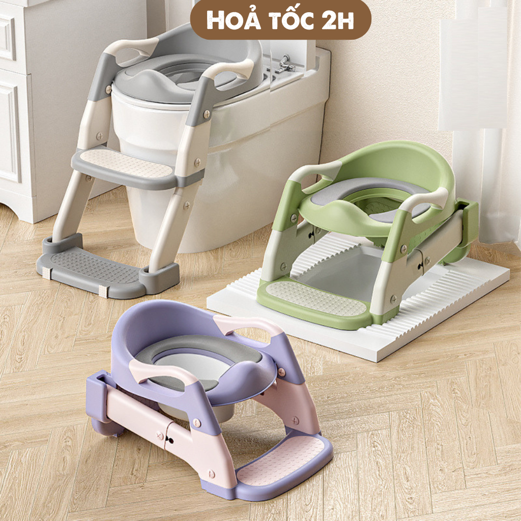 Bô vệ sinh bệ ngồi bồn cầu cho bé 2IN1, nắp thu nhỏ đệm lót bồn cầu ,thang bô vệ sinh gấp gọn, có tay vịn chống trượt