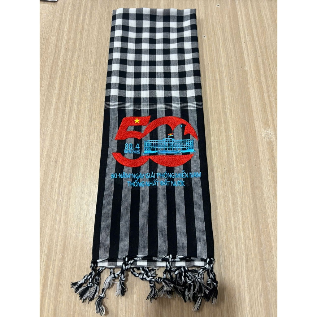 Khăn Rằn Nam Bộ Thêu Logo 50 Năm Thống Nhất Đất Nước - Kỉ Niệm Ngày Lễ Lớn