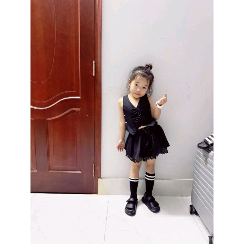 Sét váy bé gái áo ghi lê đính hoa chân váy phối ren bé gái sành điệu size nhỏ đến size đại từ 12-55kg