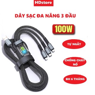 Cáp Sạc Bọc Dù 100W Tự Ngắt  Tích Hợp 3 Cổng Micro Usb Type C 3 in 1