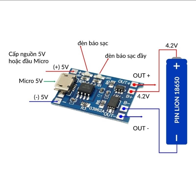 5 Mạch sạc pin 1s lithium-ion TP4056 1A  cổng type C  có bảo vệ pin khi sạc