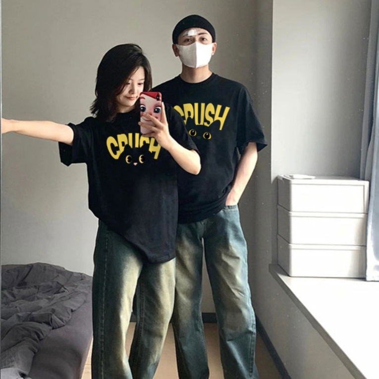 Áo thun cặp đôi HappyFamily - Mẫu tay lở in chữ in họa tiết chú mèo Crush chất cotton 100 Cao Cấp