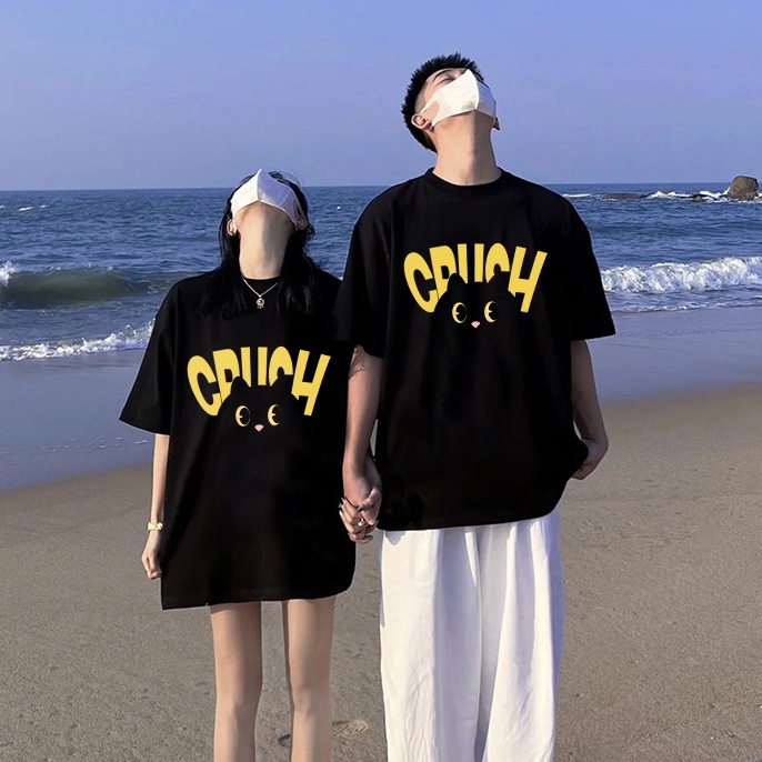 Áo thun cặp đôi HappyFamily - Mẫu tay lở in chữ in họa tiết chú mèo Crush chất cotton 100 Cao Cấp