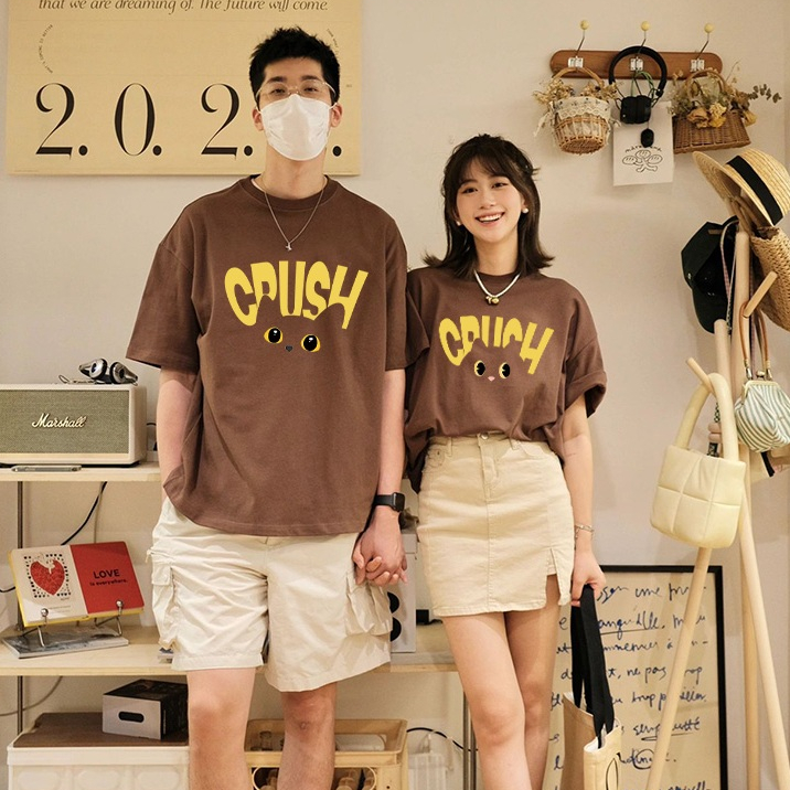 Áo thun cặp đôi HappyFamily - Mẫu tay lở in chữ in họa tiết chú mèo Crush chất cotton 100 Cao Cấp