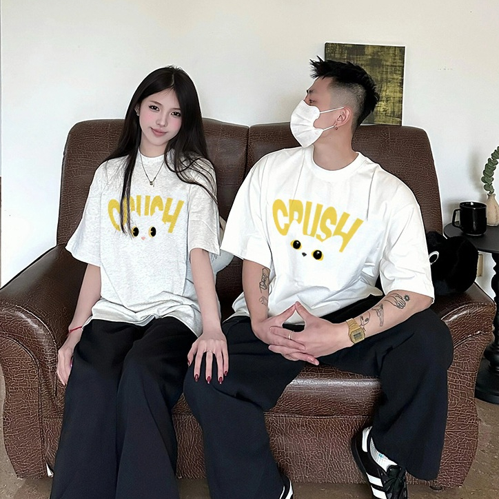 Áo thun cặp đôi HappyFamily - Mẫu tay lở in chữ in họa tiết chú mèo Crush chất cotton 100 Cao Cấp